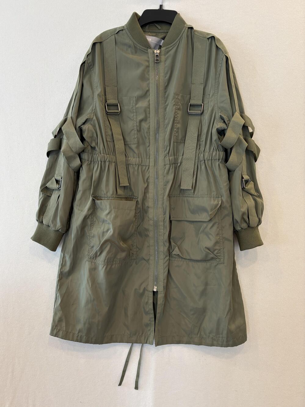 ASOS Coat Womens 4 Green Longline Utility Parka Strap Detail Full Zip Pockets